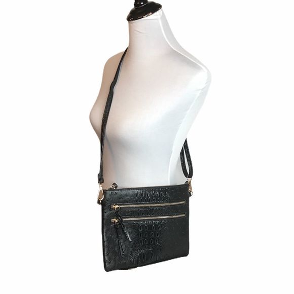 Faux Leather Crossbody, Black with Gold Tone Trim - Picture 1 of 6